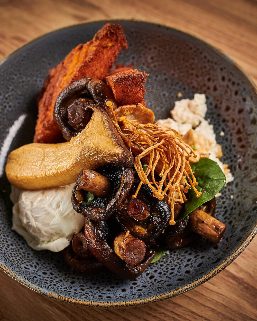 Mixed mushrooms with poached egg and goat feta at Black Drop, Black Rock